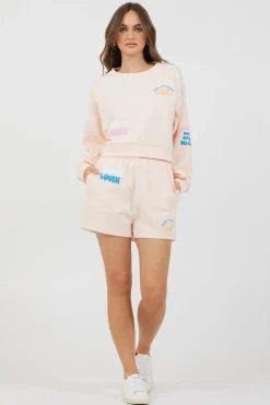 Fashion Peach Parfait W/ Multi Puff Print Surf Wash Crewneck All Tops|Hoodies