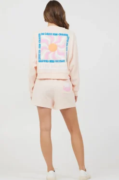 Fashion Peach Parfait W/ Multi Puff Print Surf Wash Crewneck All Tops|Hoodies