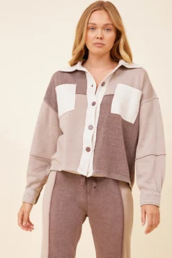 Cheap Pearl/Warm Taupe/Cocoa Brown Burnout Colorblock Shacket All Tops