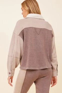 Cheap Pearl/Warm Taupe/Cocoa Brown Burnout Colorblock Shacket All Tops