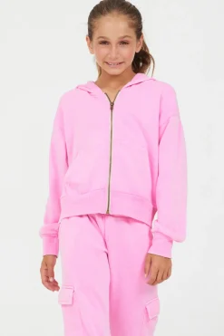 Cheap Pink Solid Crop Zip Hoodie Hoodies