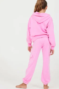 Cheap Pink Solid Crop Zip Hoodie Hoodies