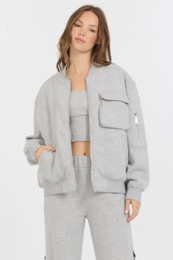 Cheap Pure Grey Contrast Black Zipper Bomber All Tops