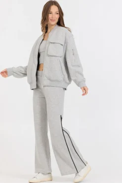 Cheap Pure Grey Contrast Black Zipper Bomber All Tops