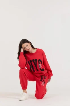 Fashion Red/ Black/ Light Grey Garment Dye Jogger W/ Screen Print Joggers