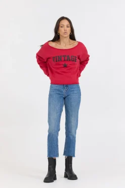 Cheap Red Off Shoulder Graphic Top All Tops