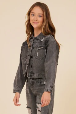 Cheap RHINESTONE FRINGE BLACK DENIM JACKET Kids Kids Tops