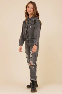 Cheap RHINESTONE FRINGE BLACK DENIM JACKET Kids Kids Tops