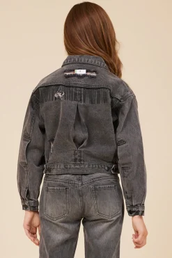 Cheap RHINESTONE FRINGE BLACK DENIM JACKET Kids Kids Tops