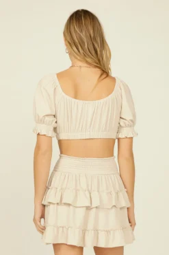 Store Sand Rib Knit Tie Front Balloon Sleeve Crop Top All Tops