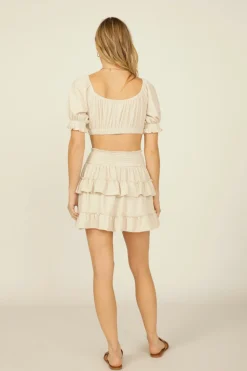 Store Sand Rib Knit Tie Front Balloon Sleeve Crop Top All Tops
