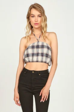 Outlet Sand/Navy Plaid Flannel Halter Bandeau All Tops