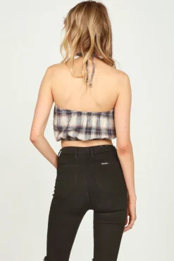 Outlet Sand/Navy Plaid Flannel Halter Bandeau All Tops