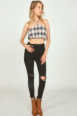 Outlet Sand/Navy Plaid Flannel Halter Bandeau All Tops