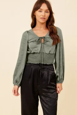 Fashion Silver Pine Heavy Satin Criss Cross Blouse All Tops