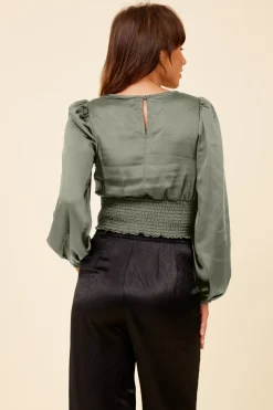 Fashion Silver Pine Heavy Satin Criss Cross Blouse All Tops