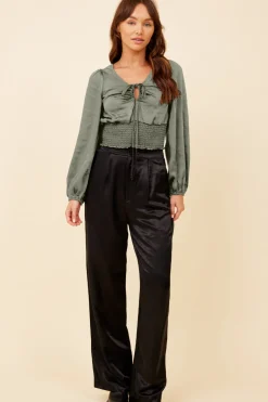 Fashion Silver Pine Heavy Satin Criss Cross Blouse All Tops