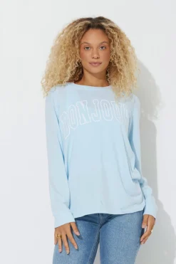 Discount Sky Blue "Bonjour" Pigment Dyed Long Sleeve Tee All Tops