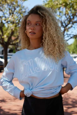 Discount Sky Blue "Bonjour" Pigment Dyed Long Sleeve Tee All Tops