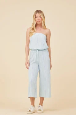 Fashion Soft Blue W/ Mixed Stripes Textured Jumpsuit Jumpers/ Rompers