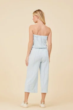 Fashion Soft Blue W/ Mixed Stripes Textured Jumpsuit Jumpers/ Rompers
