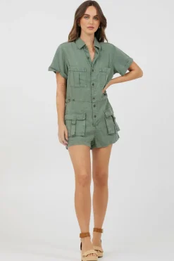 Shop Soft Olive Button Front Romper Jumpers/ Rompers