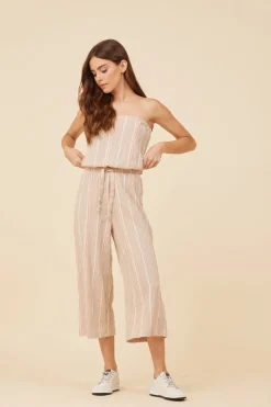 Fashion Soft Tan W/ Mixed Stripes Textured Jumpsuit Jumpers/ Rompers