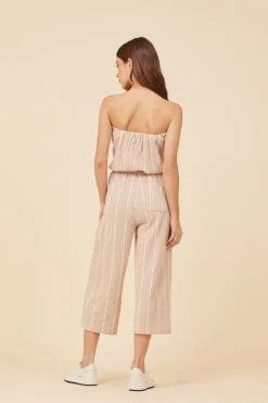 Fashion Soft Tan W/ Mixed Stripes Textured Jumpsuit Jumpers/ Rompers