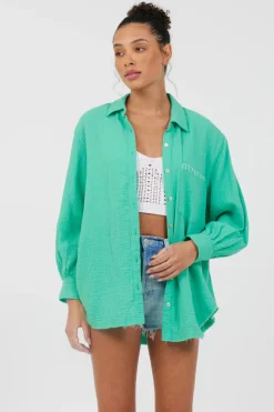 Best Super Green/ Soft Ivory Embroidery Detail Gauze Shirting All Tops