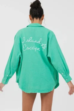 Best Super Green/ Soft Ivory Embroidery Detail Gauze Shirting All Tops
