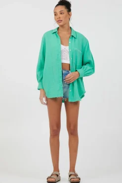 Best Super Green/ Soft Ivory Embroidery Detail Gauze Shirting All Tops
