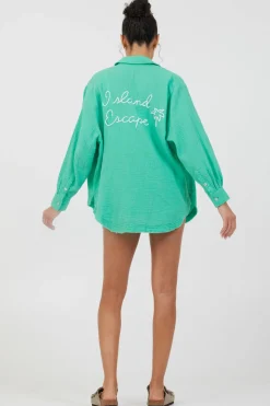 Best Super Green/ Soft Ivory Embroidery Detail Gauze Shirting All Tops