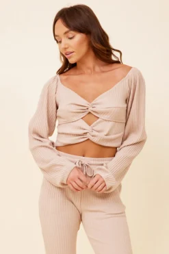 Best Sale Taupe Double Twist Ribbed Long Sleeve Top All Tops