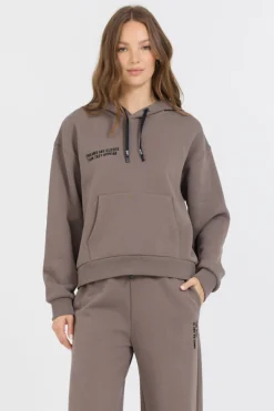 Clearance Taupe Grey Fleece Hood Flocking Detail All Tops|Hoodies