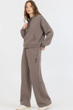 Clearance Taupe Grey Fleece Hood Flocking Detail All Tops|Hoodies