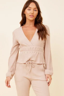 Cheap Taupe Surplice Ribbed Long Sleeve Top All Tops