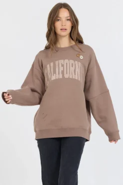 Best Sale Taupe W/ Rose Gold Garment Dye Fleece Crew W/ Glitter Print All Tops|Sweatshirts