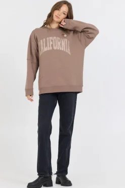 Best Sale Taupe W/ Rose Gold Garment Dye Fleece Crew W/ Glitter Print All Tops|Sweatshirts