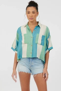 Best Sale Teal Green & Metallic Stripe Lightweight Button Up All Tops