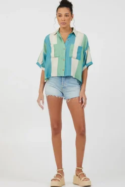 Best Sale Teal Green & Metallic Stripe Lightweight Button Up All Tops