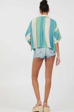 Best Sale Teal Green & Metallic Stripe Lightweight Button Up All Tops