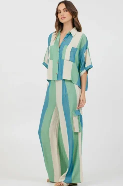 Outlet Teal Green & Metallic Stripe Lightweight Pants All Bottoms