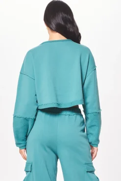 Best Sale Teal Green Terry Cargo Fleece Crewneck All Tops|Hoodies