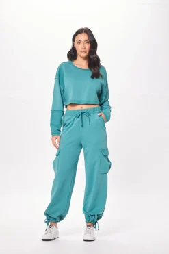 Best Sale Teal Green Terry Cargo Fleece Crewneck All Tops|Hoodies