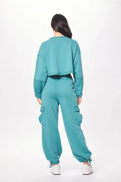 Best Sale Teal Green Terry Cargo Fleece Crewneck All Tops|Hoodies