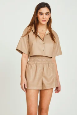 Cheap Toffee Faux Leather Camp Shirt All Tops