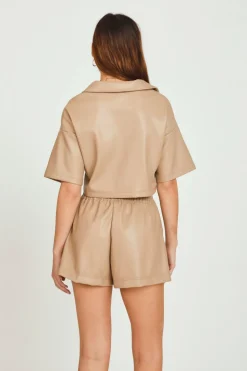 Cheap Toffee Faux Leather Camp Shirt All Tops