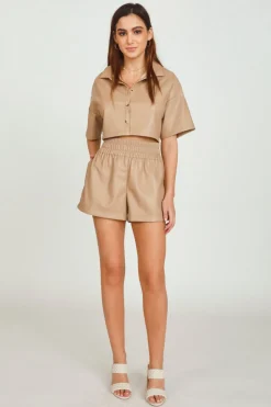 Cheap Toffee Faux Leather Camp Shirt All Tops