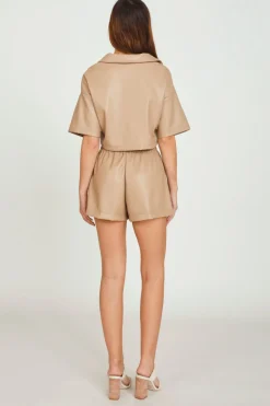 Cheap Toffee Faux Leather Camp Shirt All Tops