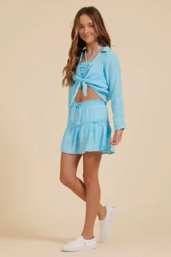 Outlet Tropical Blue Tie Front Collared Top Kids Kids Tops
